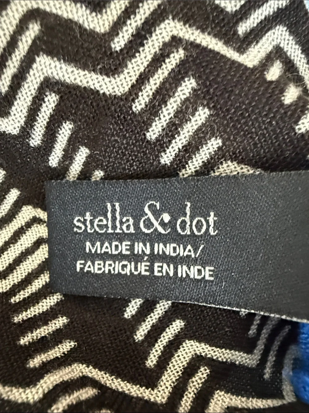 Stella & Dot Black and White Floral Sheer Scarf with Blue Edge.
